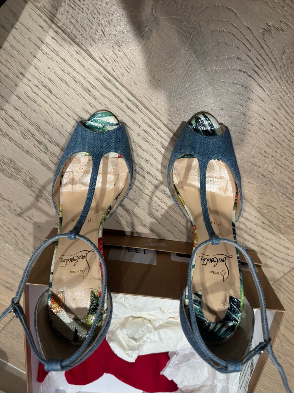 Christian Louboutin Denim Open-Toe Ankle Strap Heels with Multicolor Insole